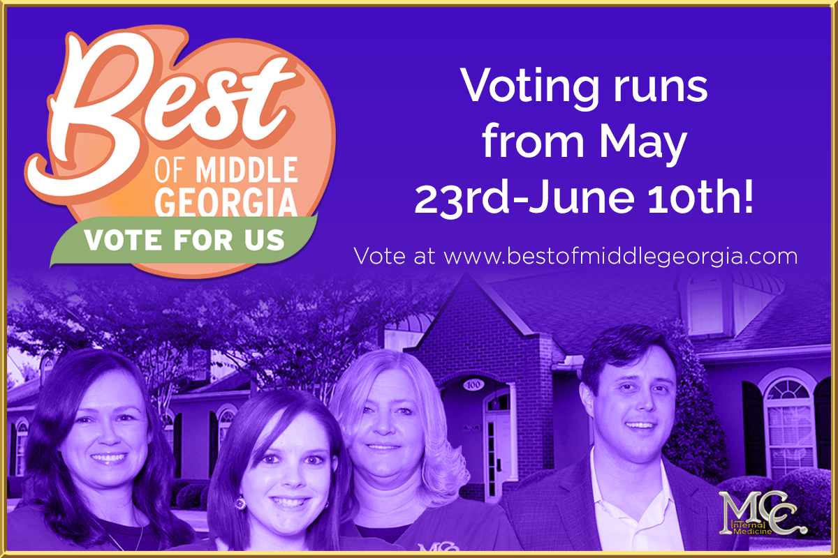 Best of Middle Georgia voting open!

✅ Visit bestofmiddlegeorgia.com
✅ Click the 'Vote' tab
✅ Select 'Health & Beauty'
✅ Vote for MCC Internal Medicine in the 'Family Medicine' category
✅ Follow prompts & vote for Dr. McClure in the 'Doctor' category

Vote daily to June 10!