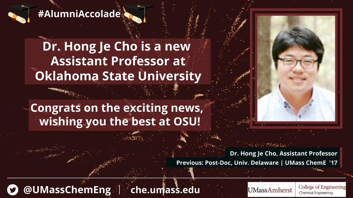 UMassChemEng's tweet photo. Congrats to Dr. Hong Je Cho on his new position, Assistant Professor at @OSU_CEAT! https://t.co/4vX478WQZ8