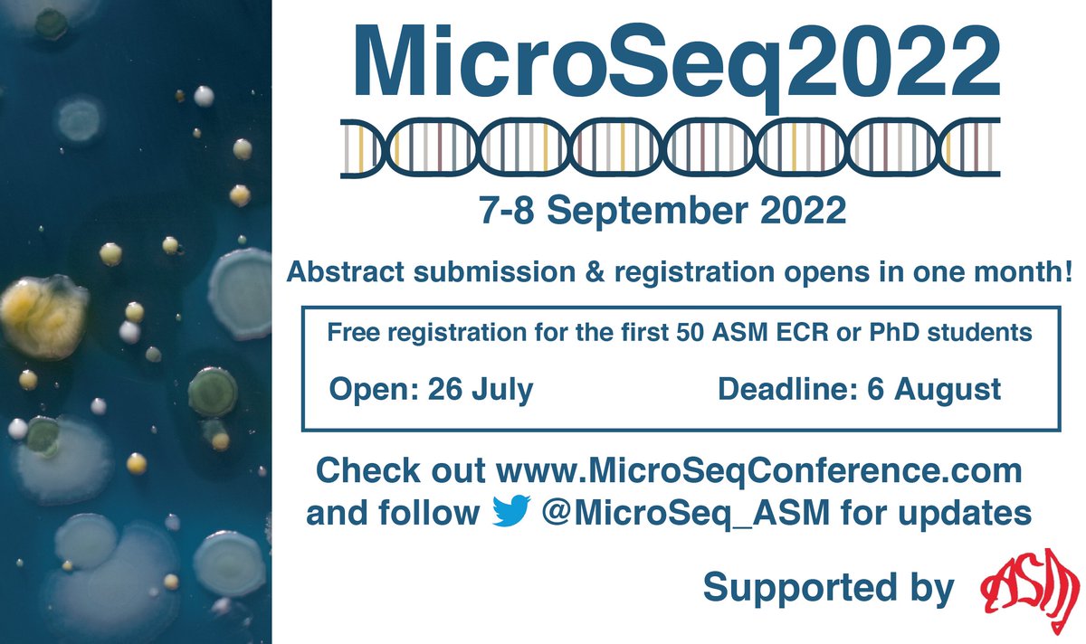 📢 Registration for MicroSeq2022 opens next month!
Get your abstracts ready because the first 50 will get free registration thanks to <a href="/AUSSOCMIC/">ASM</a>

Keep an eye on our twitter or the website MicroSeqConference.com for updates!