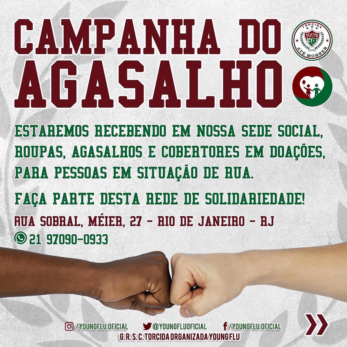 youngfluoficial's tweet photo. CAMPANHA DO AGASALHO 2022
Não deixem de ajudar, galera! Tem muita gente precisando!
#TorcidaResponsa https://t.co/sO2MtolOaV