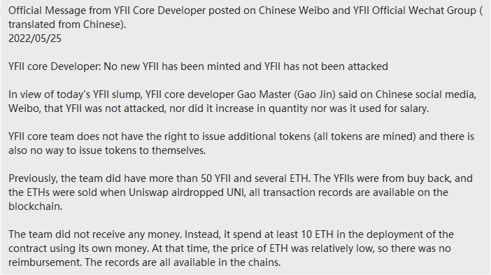 DfiMoney's tweet photo. Official Message from YFII Core Developer posted on Chinese Weibo and YFII Official Wechat Group (translated from Chinese).
2022/05/25 https://t.co/Qo6txtGf01