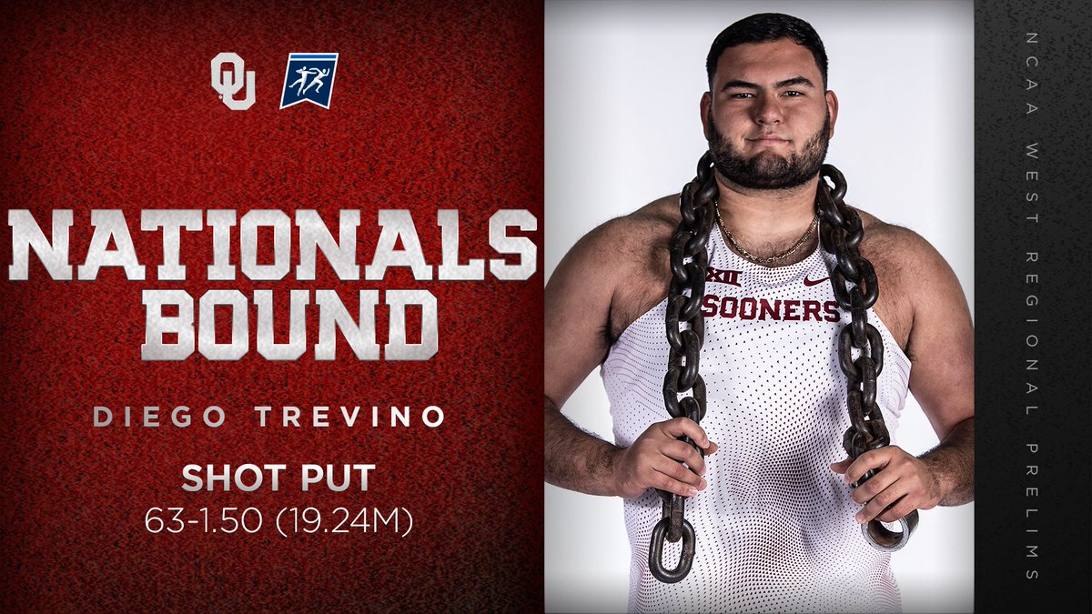 OU_Track's tweet photo. 𝙉𝙚𝙭𝙩 𝙩𝙝𝙧𝙤𝙬: 𝙀𝙪𝙜𝙚𝙣𝙚 📍

Diego Trevino marks a HUGE PR at 63-1.50 (19.24m) in men's shot put to qualify for the NCAA Outdoor Championships and move to No. 5 in OU history!

#BoomerSooner ☝💨 https://t.co/Vk0RJ1HWbr