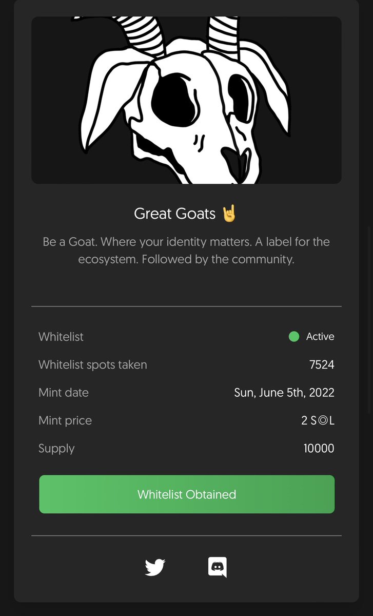 After months of being a $NEAR maxi I’m excited to mint <a href="/GreatGoatsNFT/">Great Goats</a> 🐐 on $SOL. WL aquired through a giveaway from <a href="/SecretSkellies/">Secret Skellies Society - 𝔸 ℂ𝕌𝕃𝕋 💀</a> 👌🏼🙏🏼 thanks for the hook up @Anon666NFT 

Secret Skellies has the best alpha 👌🏼❤️