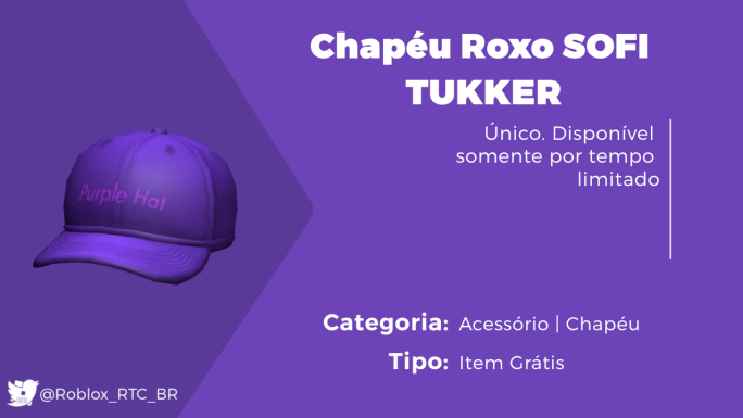 RTC em português  on X: NOVO ITEM GRÁTIS: O Boné Roxo da parceria do  Roblox com a Sofi Tukker está de graça no catálogo por um tempo limitado  (desconhecido)! Créditos: @.LeaksEvents