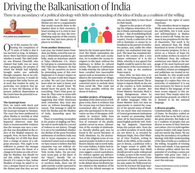 PulapreB's tweet photo. My piece "Driving the Balkanisation of India" appears in 'The Hindu' of today. Comments would be welcome. https://t.co/USpj7taE6P