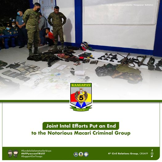Joint Intel Efforts Put an End to the Notorious Macari Criminal Group
Read full story on facebook.com/fourcrg.

#SundaloSalamatsaSerbisyo 
#AFPyoucanTRUST 
#SupportOurTroops 
#TeamWestMinCom