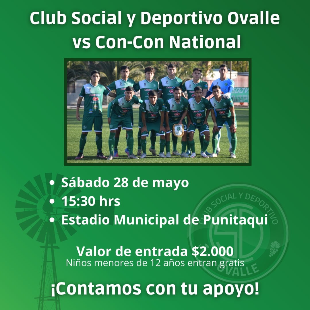 CSDOvalle's tweet photo. ACOMPAÑA AL #EquipoDeLaGente!!⚽

Este sábado el @csdovalle recibe a @conconnational, partido interesante ya que ambos equipos vienen invictos 😱

📌 Sábado 28/05
🕒 15:30 hrs
🏟️ Estadio de Punitaqui

Entrada: $2.000
Niños menores de 12 años entran GRATIS 

No te lo pierdas! https://t.co/0laFBimuaa