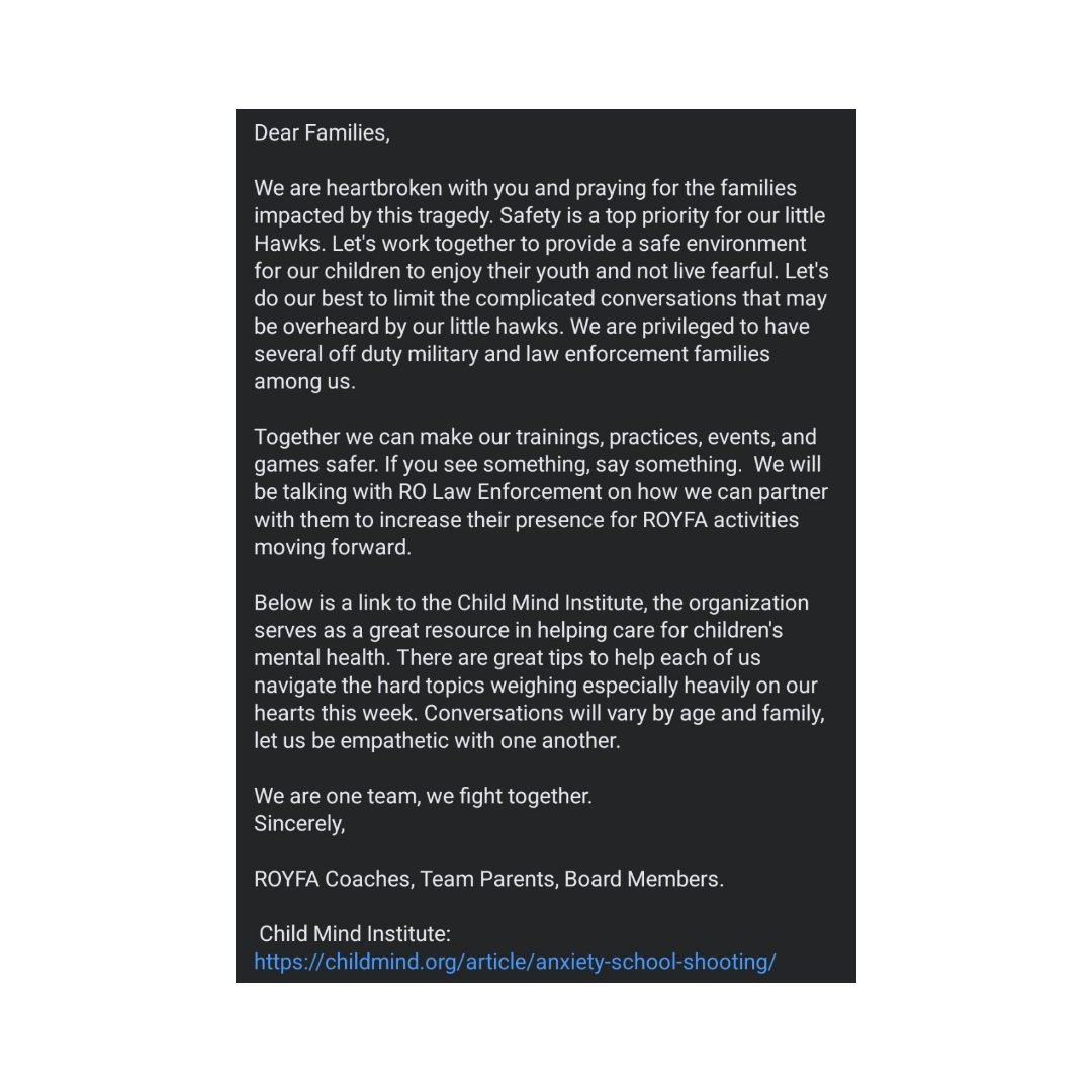 RedOakYFA's tweet photo. Our Prayers are with you. 
Please take a moment to review our letter to our families in the image attached. 

Child Mind Institute: https://t.co/1noJOsu48n https://t.co/AHUKEAxcpA