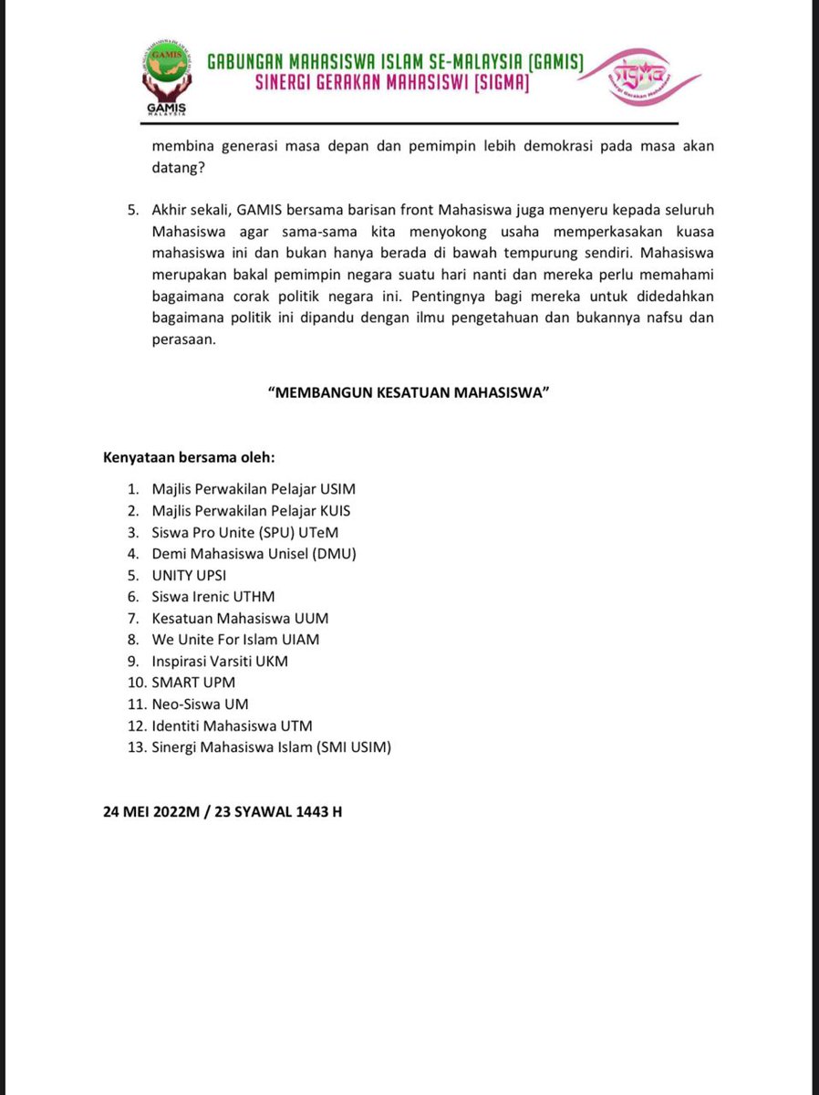 PINDAAN AUKU: PEMANGKIN KESEDARAN POLITIK DI KAMPUS.

GAMIS bersama barisan front Mahasiswa juga menyeru kepada seluruh Mahasiswa agar sama-sama kita menyokong usaha memperkasakan kuasa mahasiswa ini 

#MembangunKesatuanMahasiswa
#GAMIS2022