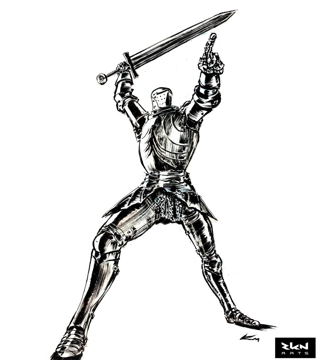 RKN_Arts's tweet photo. KNIGHT TIME: Hero in gothic plate armor calling out their foe. Stabilo pencil, Rapidograph 035 technical pen, Copic Sketch/Miniwide markers on 3M vinyl #draw #dndart #DND #paladin #rknarts #illustration #lineart #copic #miniwide #armor #gothic #gothicplate #fantasyart #greatsword https://t.co/WEsWEt4Q2H