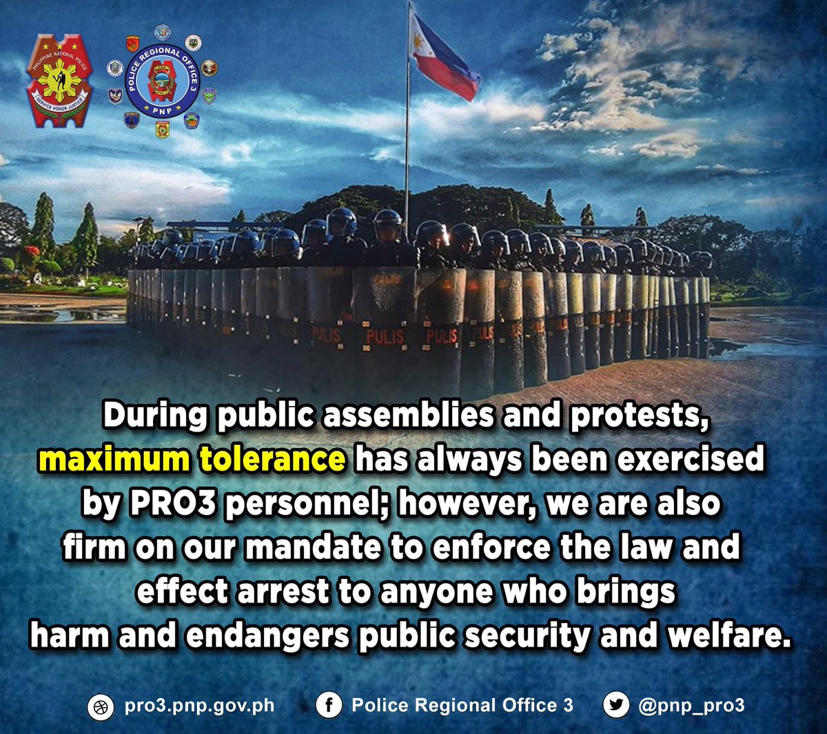 pnp_pro3's tweet photo. During public assemblies and protests, maximum tolerance has always been exercised by PRO3 personnel.

#TeamPNP
#TeamPNPPRO3
#PNPKakampiMo
#WeServeAndProtect
#MapaglingkodnaPulisngBayan https://t.co/tPALjBhvVL