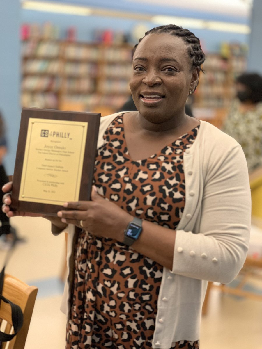 PitsakisClass's tweet photo. Someone got their award last night! Thank you @CS4Philly for recognizing such an amazing computer science educator, Ms. Omulo, for all she’s done this, and every year, especially with our BIPOC students at Washington! #GDubStrong #GDubMade #GDubGrateful #PitsakisClass https://t.co/o7TR7MyLED