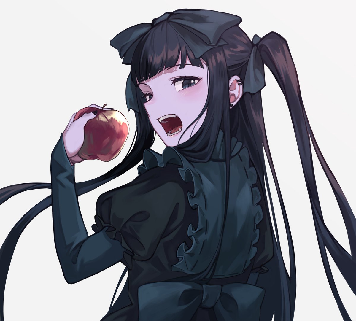 1girl food apple fruit solo black hair open mouth  illustration images