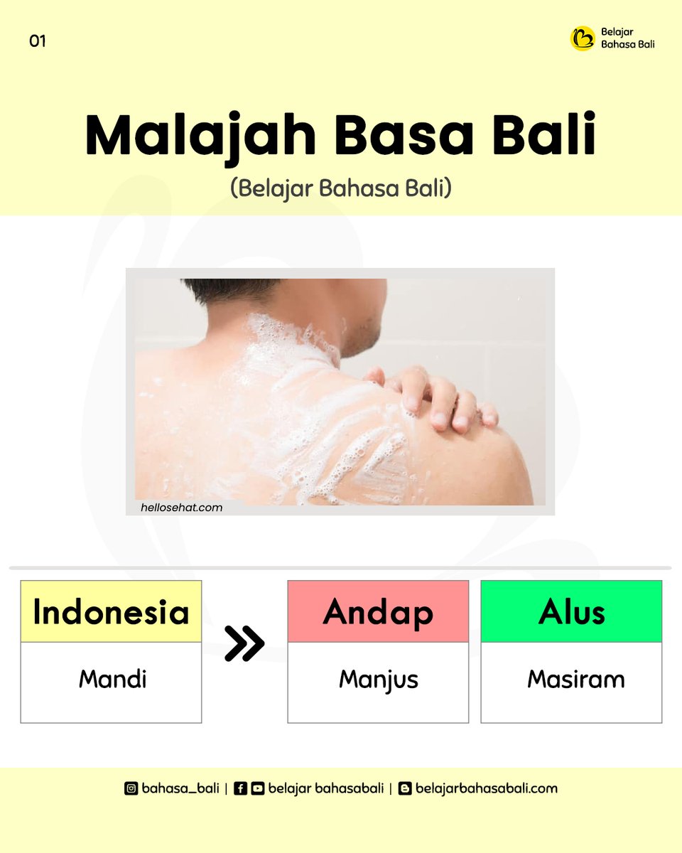 BahasaBali's tweet photo. Sampun masiram sameton?
MalajahBasa Bali Mandi : Manjus : Masiram
durus save nggih
.....................
#mandi #manjus #masiram #basabali
#basabaline
#bahasabali
#belajarbahasabali
#malajahbasabali
#malajahbahasabali
#aksara #aksarabali #malajahaksarabali https://t.co/Yje1D1Bq6y