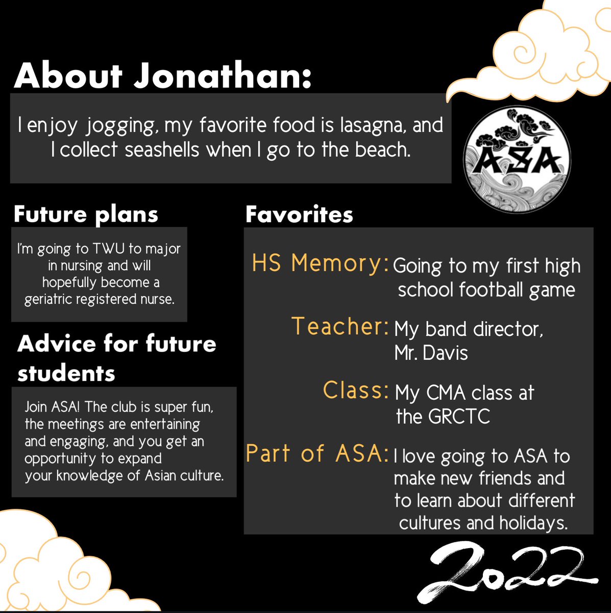 LCHS_AsianSA's tweet photo. Shining the Senior Spotlight on our member, Jonathan Whitford! 

Thank you for all of your support this year! Swipe to read more about him :) #lcasa2022 https://t.co/ZpFJSORrER