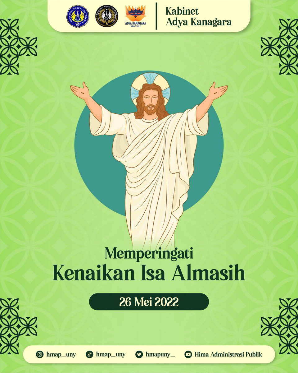 HMAPUNY_'s tweet photo. [MEMPERINGATI HARI KENAIKAN ISA ALMASIH 2022]

Kamis Kudus atau yang sering disebut juga Kamis kenaikan adalah tradisi memperingati kenaikan Yesus ke surga. Hari raya ini biasanya diperingai pada hari ke 40 atau 39 hari setelah diperingatinya hari raya paskah. https://t.co/ebFByhUN73