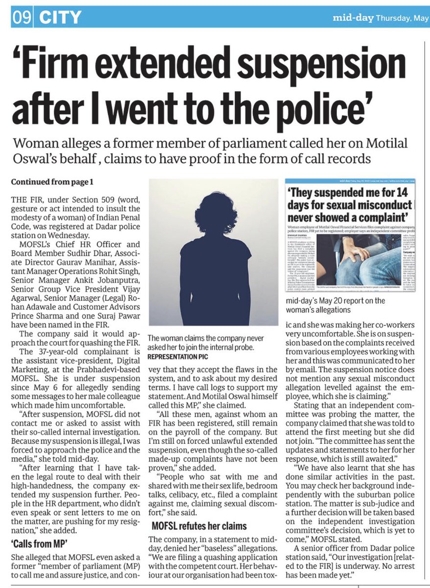 Dadar police have registered an FIR against 8 senior executives of #MotilalOswal #FinancialServices Ltd (#MOFSL) for allegedly outraging the modesty of a female AVP, whom the company suspended following complaints that she made “her male colleague sexually uncomfortable"