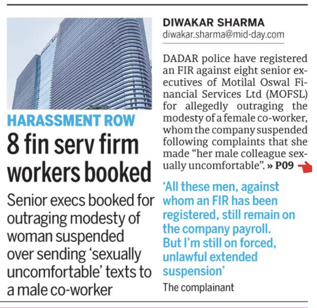 DiwakarSharmaa's tweet photo. Dadar police have registered an FIR against 8 senior executives of #MotilalOswal #FinancialServices Ltd (#MOFSL) for allegedly outraging the modesty of a female AVP, whom the company suspended following complaints that she made “her male colleague sexually uncomfortable" https://t.co/n0us1uCsS8