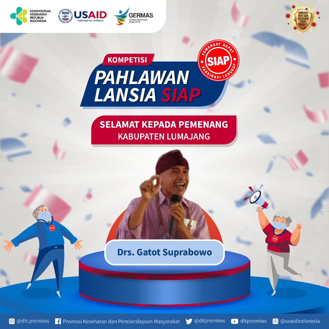 Selamat bagi Bapak Drs. Gatot Suprabowo yang telah dinobatkan "Pahlawan Lansia SIAP - Semangat Dapat Vaksinasi Lengkap", lansia teladan yang dapat menginspirasi untuk program vaksinasi COVID-19 dari Kabupaten Lumajang.

#SemangatDapatVaksinasiLengkap
#PahlawanLansiaSIAP