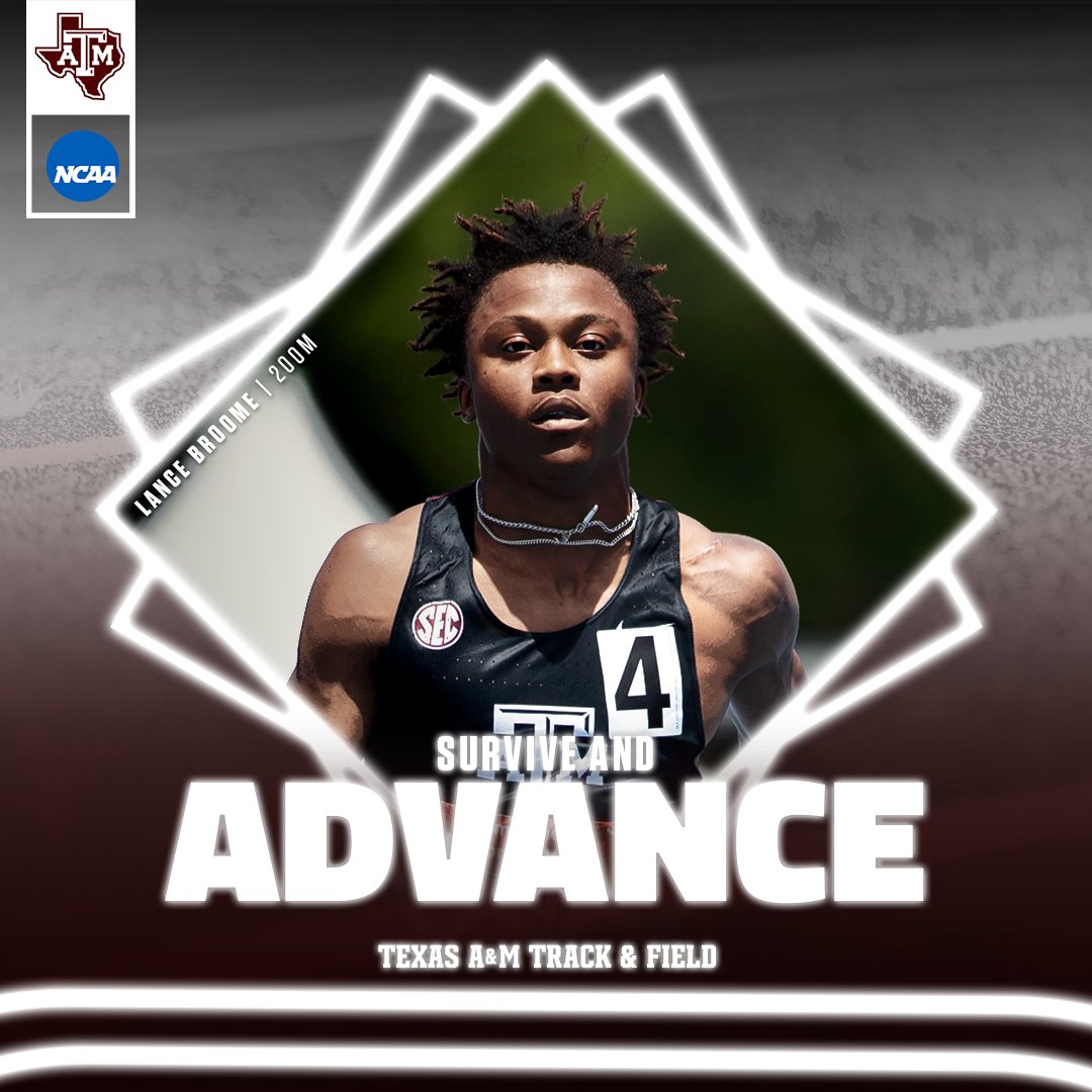 aggietfxc's tweet photo. Unfinished business 😤

Achane and Broome advance to Friday's 200m quarterfinals.

⏱ 20.72 (0.3w) @ffvmousvon_ 
⏱ 20.75 (0.3w) @LanceBroome 

#GigEm https://t.co/qKjqJFpGIy