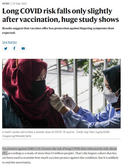 Adamant07781306's tweet photo. Le journal Nature vient de publier un article montrant que la vaccination ne réduit que de ~15% le risque de développer un Covid long après infection.

"Le vaccin protège moins bien qu’attendu."

Ceux qui se croyaient protégés risquent de déchanter.

https://t.co/gqF2oWeoz7 https://t.co/ehamle4zZW