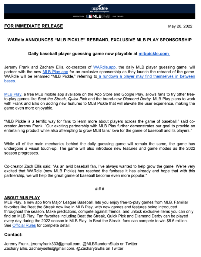 WARdle announces "MLB Pickle" rebrand, exclusive MLB Play Sponsorship

mlbpickle.com