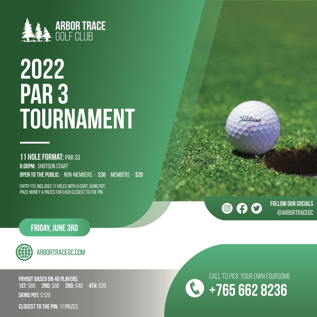 arbortrace's tweet photo. ๐จAnnual Par 3 Tournament๐จ
๐ Friday, June 3rd
โฐ 6:00pm Shotgun Start
๐ฐ $20-Members // $30 Non-Members
๐ Pick your own foursomes
SHARE this post and get out to #PlayARound https://t.co/WAEI6wK2kT