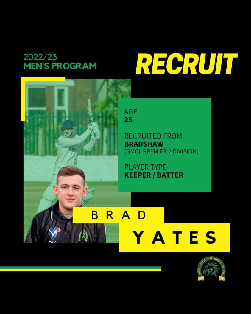 Recruitment Announcement 1/2 🏴󠁧󠁢󠁥󠁮󠁧󠁿🟡🟢🐎

Welcome Brad Yates!

Brad is an exceptionally talented keeper/batsmen playing for Bradshaw Cricket Club in the Greater Manchester League. Brad previously played with Mt Waverley five years ago where he amassed over 800 runs and (1/2)
