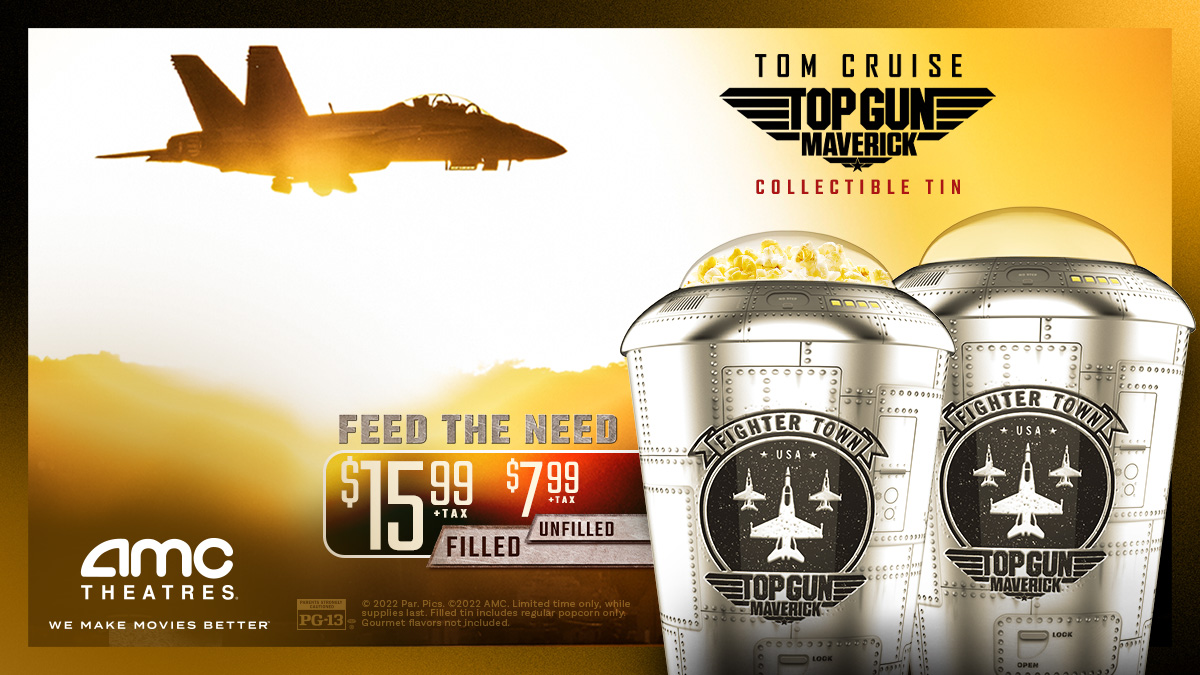AMCTheatres's tweet photo. Return to the danger zone with the #TOPGUN: MAVERICK popcorn tin! On sale 5/26, $15.99 filled or $7.99 unfilled. While supplies last! https://t.co/oHYycvyjrY