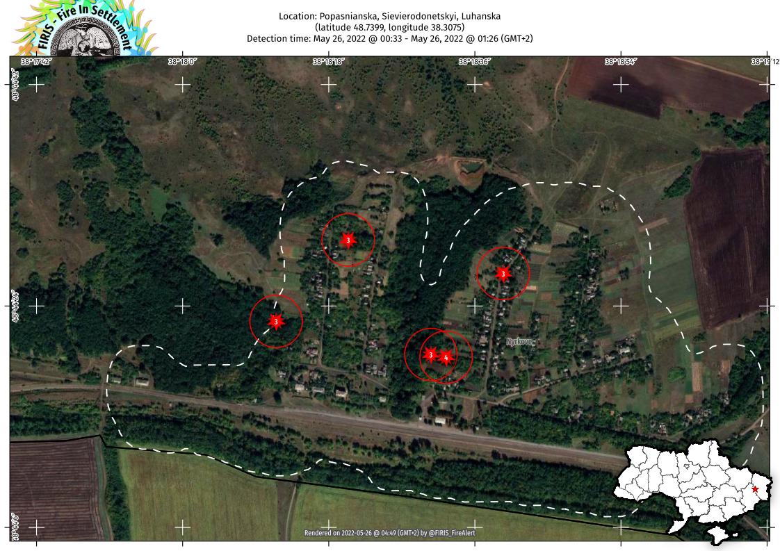 FIRIS_FireAlert's tweet photo. 🇺🇦 Fires detected on the night of May 25-26 within Nyrkove in Popasnianska, Sievierodonetskyi, Luhanska, #Ukraine. https://t.co/cHlhjPWTdv