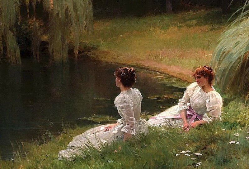 storiadellart's tweet image. Elegant Ladies at Rest Beside a Pond by Louis Émile Adan.