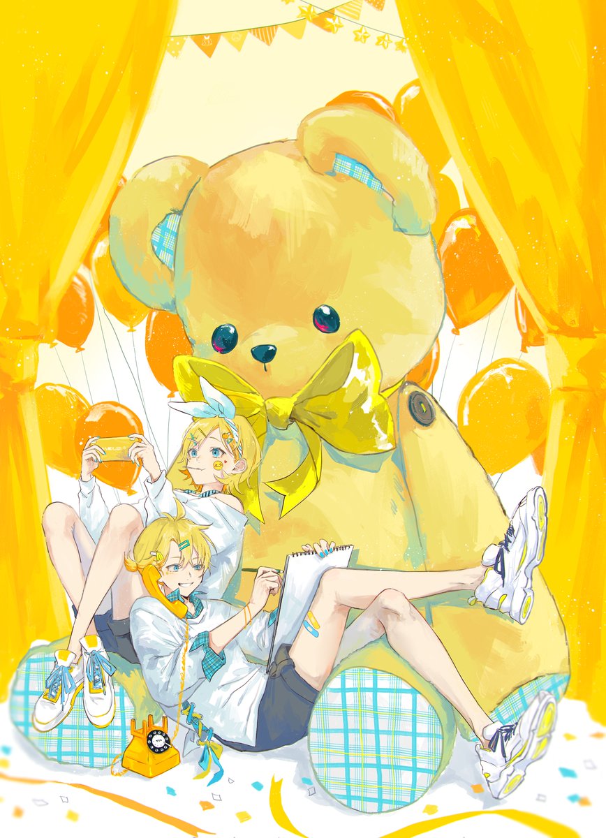 kagamine len ,kagamine rin 1girl 1boy balloon teddy bear stuffed toy shorts blonde hair  illustration images