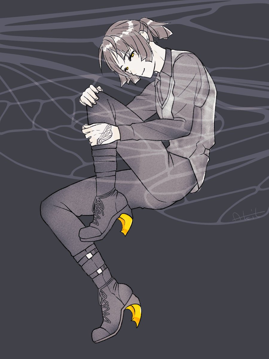 solo 1boy yellow eyes male focus vest ponytail pants  illustration images