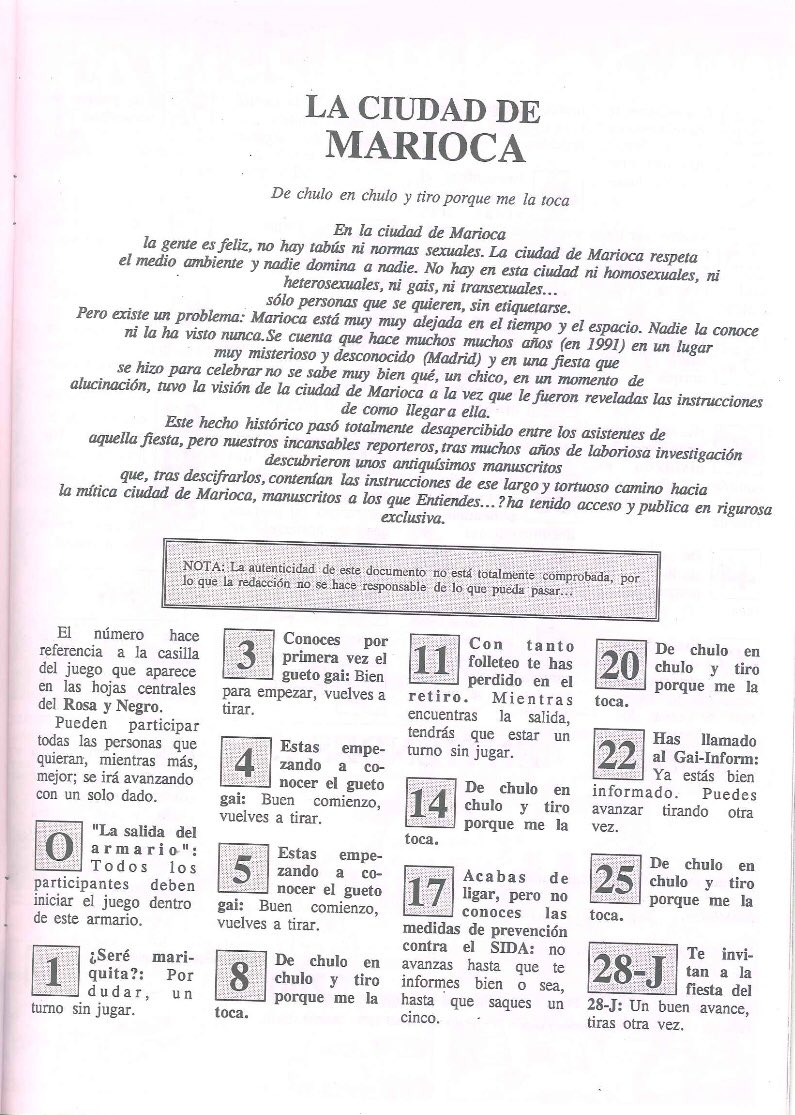 ramonmartz's tweet image. Hace 30 años la buena gente que elaboraba la revista «Entiendes?» en @COGAM inventó un juego maravilloso: la #Marioca, una versión de la Oca ambientada en el ambiente gay del momento. Desarrollaron unas reglas fantásticas y activistas.
Aquí lo tenéis: ¡jugad en su honor!