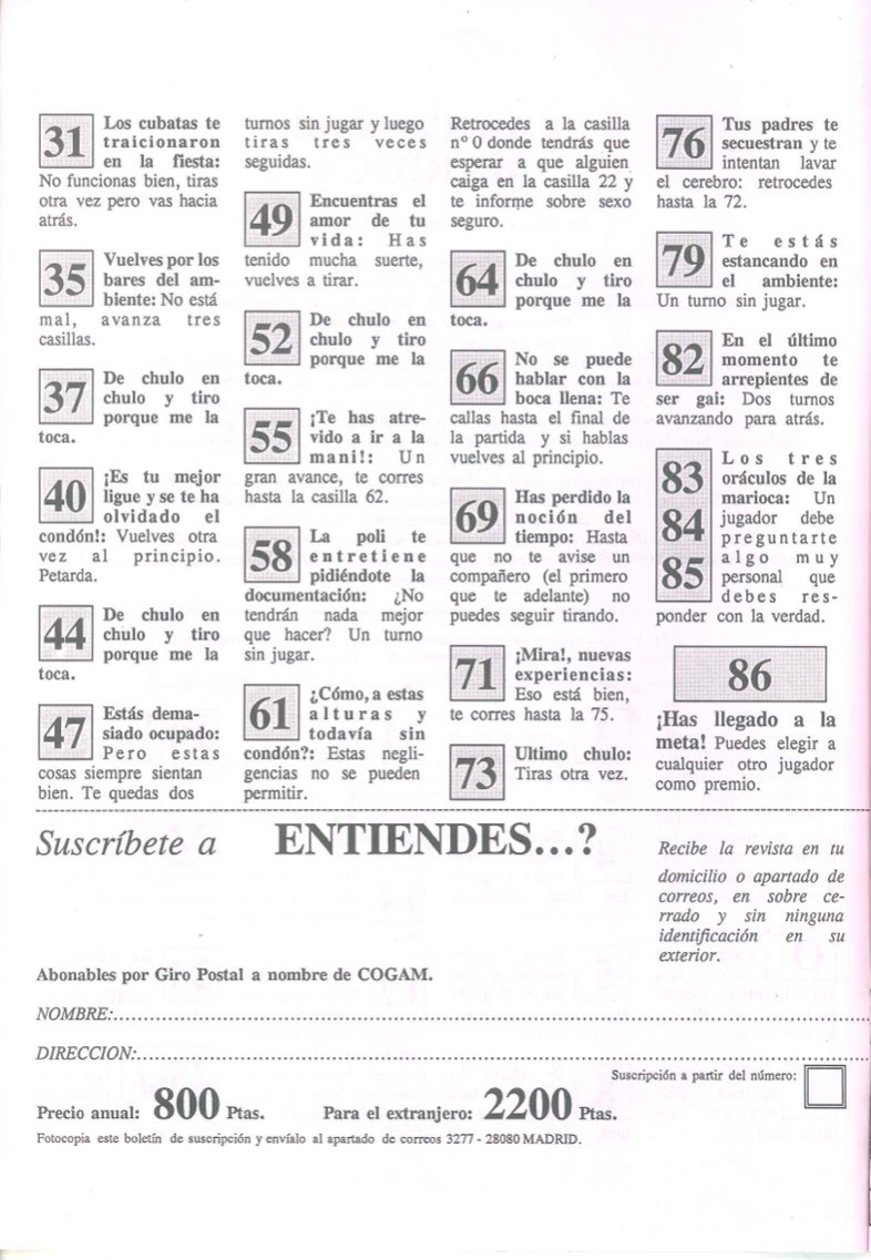 ramonmartz's tweet image. Hace 30 años la buena gente que elaboraba la revista «Entiendes?» en @COGAM inventó un juego maravilloso: la #Marioca, una versión de la Oca ambientada en el ambiente gay del momento. Desarrollaron unas reglas fantásticas y activistas.
Aquí lo tenéis: ¡jugad en su honor!