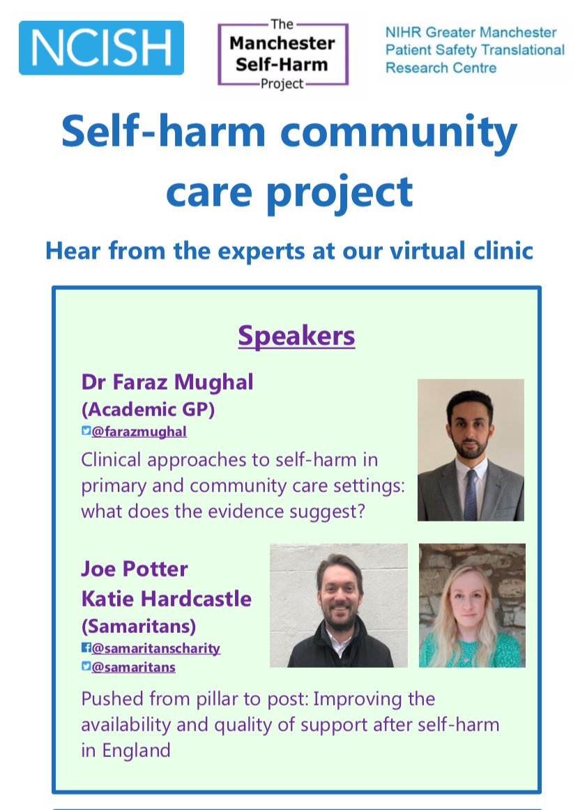 DrLeahQuinlivan's tweet photo. Our @PSTRC_GM @NCISH_UK @mashproject 'Improving Services for #Selfharm' @NHSEngland monthly event is today.
These clinics are for #communityMHtransformation regions to meet experts and share learning
Today, we have @farazhmughal, @Hardcastle_KA, Joe Potter @samaritans π https://t.co/VVEy5MzWPg