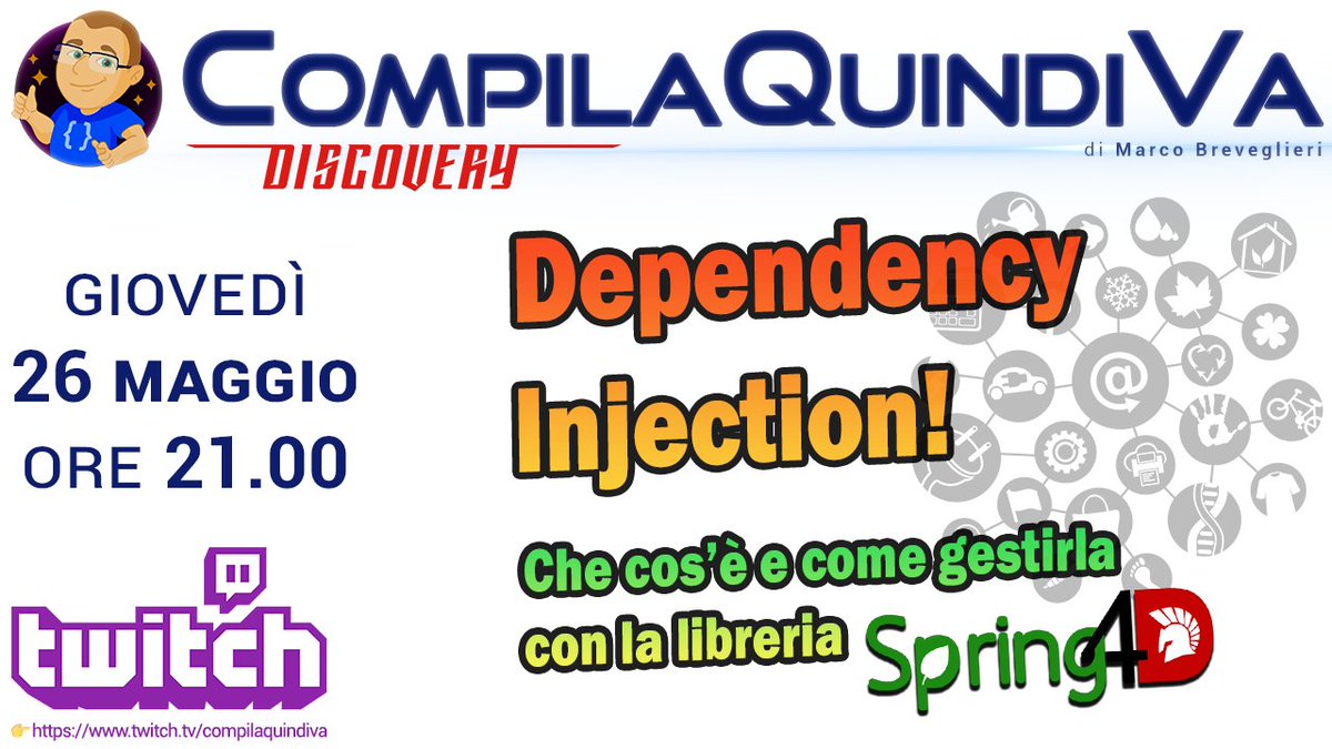 mbreveglieri's tweet image. Stasera alle 21 riprendo la buona abitudine del live coding su @Twitch_Italy! Argomento: #Dependency #Injection. Non riguarda le punture, ma la gestione delle dipendenze tra oggetti, e vedremo come la libreria #Spring4D può venirci in aiuto. Vi aspetto! 👌🏻 twitch.tv/compilaquindiva