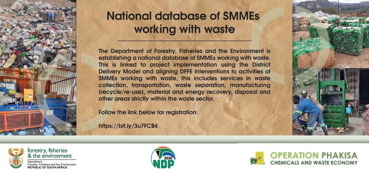 DFFE is calling upon SMMEs in the #Waste sector to register their companies on our national database which will aid the department with project implementations using the #DistrictDevelopmentModel.

Register your company here ➡️➡️➡️ bit.ly/3u7FCB4