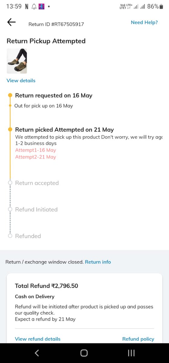 <a href="/AJIOLife/">AJIO</a>  this item i was trying to return. Even though it says pickup attempted, No pickup attempt was made. No pickup yet. Customer care assured me to provide a resolution by 24th. No resolution yet.