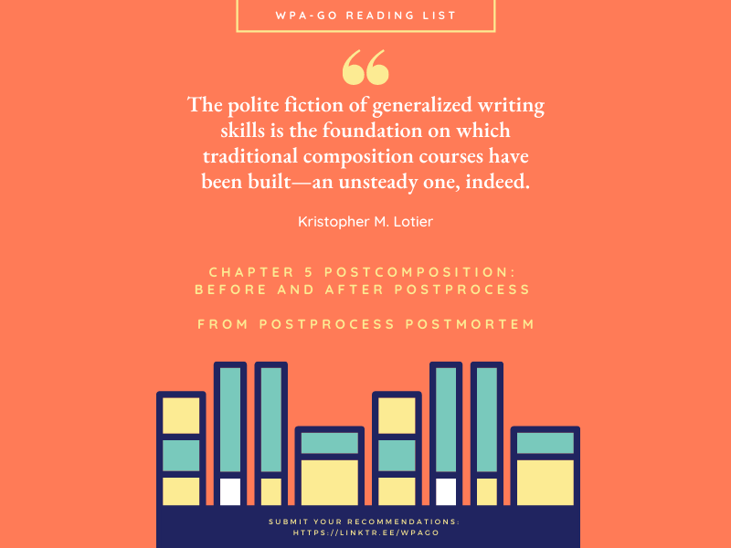 WPA_GO's tweet photo. WPA-GO’s Reading List curates reading recommendations by grads for grads! Check out this recommendation by a WPA-GO member + submit your own using the form in our linktree [https://t.co/5idMi7C7Z4]! All the recs are on our website.#WPAGO #WPAGrads #WritingProgramAdministration https://t.co/szSBEwKYHy