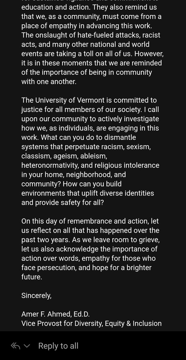 I sent the following email to the <a href="/uvmvermont/">University of Vermont</a> community today... @uvmdei