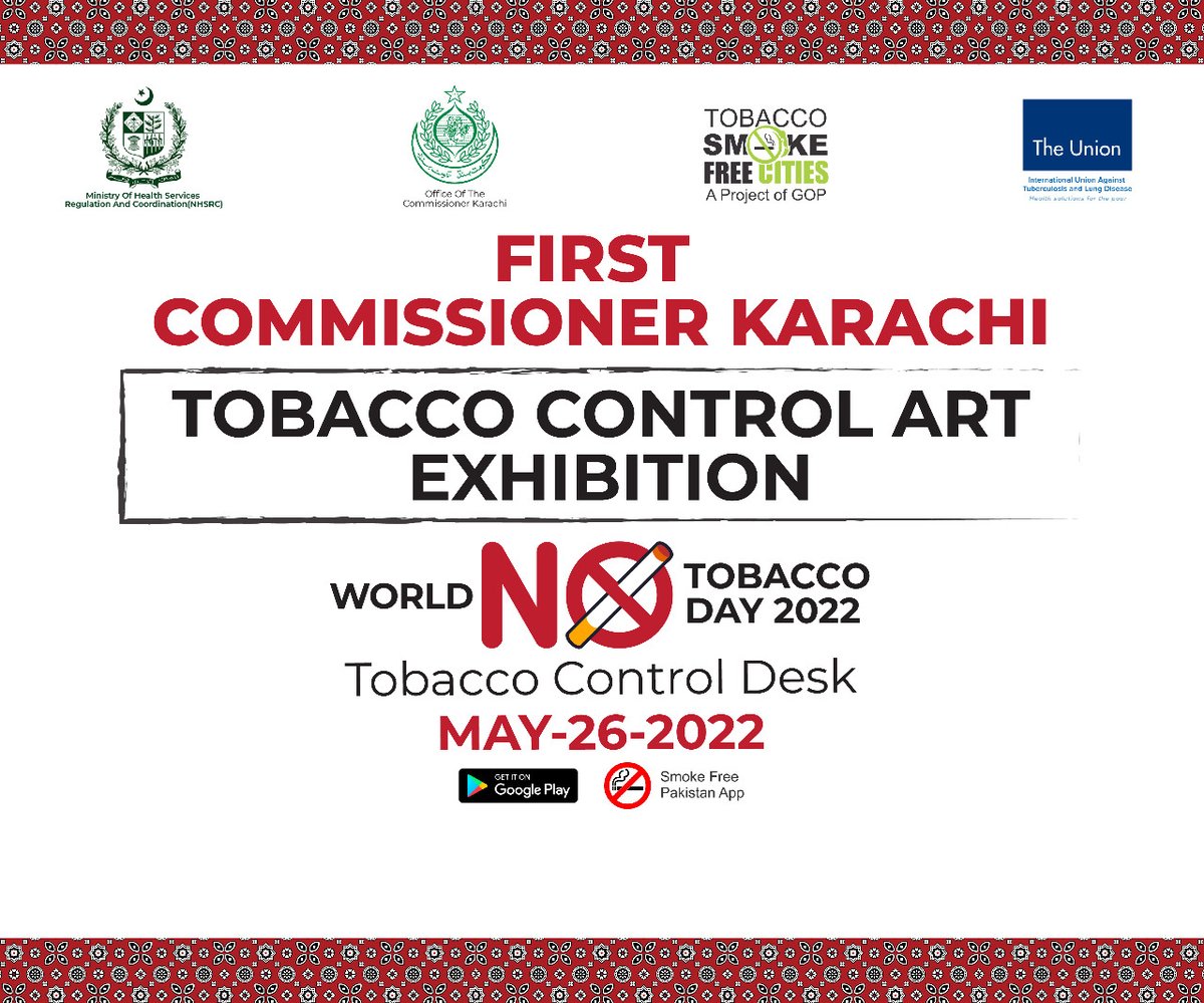 First #CommissionerKarachi Tobacco Control Art Exhibition will be held today at #Sadequain Art Gallery Karachi #CommissionerKhi #minhajussiraj #nhsrcofficial #SamraM_tcc #Shaikh1984Abid #FCTCofficial #TheUnion_TBLH #WHOPakistan #DCSouthKarachi #DCEastKarachi #khashmi76
