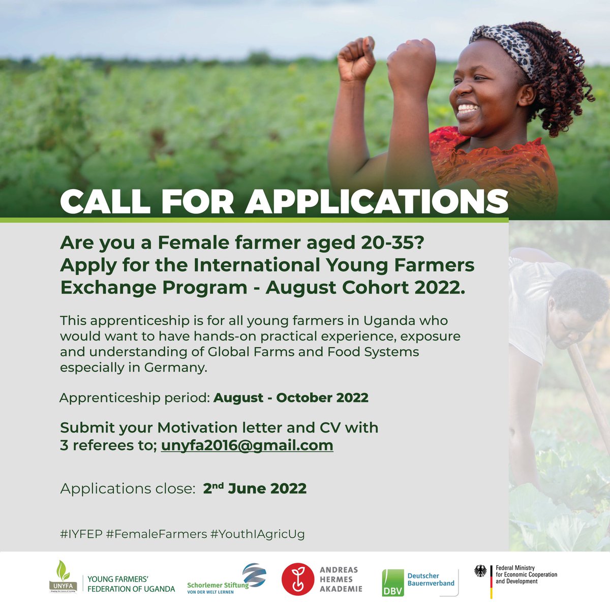 We invite female agripreneurs interested in having International exposure especially hands on training on farms and global foods systems to apply for this. 
Interested women should submit a motivation letter &amp; CV to unyfa2016@gmail.com before 2nd June 2022. #IYFEP
