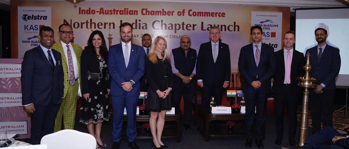 AusHCIndia's tweet photo. Honoured to have attended the launch of the @IndoAustChamber’s Northern India Chapter. What better timing to establish presence in northern India by the Chamber, given the two countries signed #IndAusECTA &amp; are focussed on promoting greater trade &amp; investment links. https://t.co/p3P9Wd3qpB