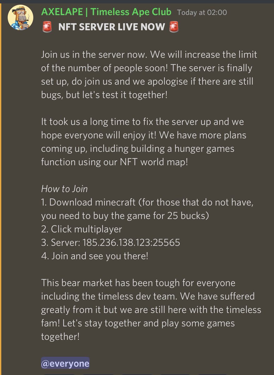 🚨 TIMELESS APES 🚨                                We are officially LIVE on the Metaverse. Been a long time but it looks crazy! Road map 2.0 next 🔥 #NFT #NFTs #NFTCommunity #Metaverse #P2Egaming <a href="/TimelessApeClub/">TimelessApeClub</a>