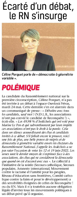 #Ardèche Patriotes, Ils vous écartent d'un débat ! Ils veulent vous faire taire! Les 12 et 19 juin, saisissez vous des urnes ! Pas d'abstention, pas de dispersion , votez <a href="/RNational_off/">Rassemblement National</a> . La seule opposition à Macron, c'est nous ! <a href="/RN07_officiel/">Rassemblement National Ardèche</a> #legislatives2022 #JeVoteRN