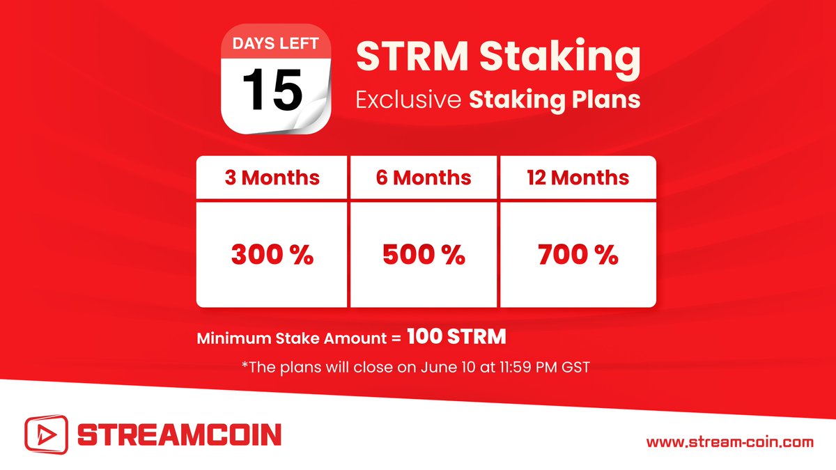 streamcoin_strm's tweet photo. ‼️Attention StreamCoin Users‼️

🤩 The exclusive STRM Staking plans offer up to 700% GSTRM returns; thus, start staking and put your holdings to work.

🗓 Don’t miss out on this great deal that only runs until June 10, 2022. https://t.co/TZyIqgKfnj
