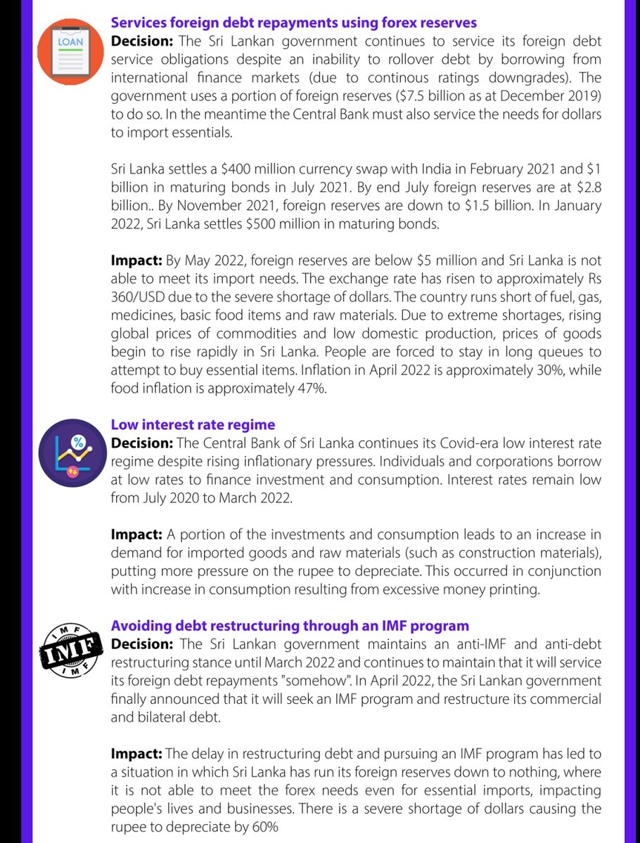 A series of bad decisions: an explainer on the what led to SL's economic meltdown. I've described the policy decisions, the time period and the impact each decision had.
#SriLanka #EconomicCrisisLK #GoHomeRajapaksas #ArrestRajapaksas #GoHomeGota #GotaGoGama #ReformSriLanka