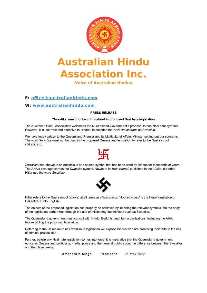 austhindu's tweet photo. ‘Swastika’ must not be criminalised in proposed Queensland Nazi hate legislation. Hindus will be at risk of prosecution for practising their faith. AHA calls for consultation with Hindu, Buddhist and Jain organisations before promulgating legislation @AnnastaciaMP @amenksingh https://t.co/BkyAr8qraZ