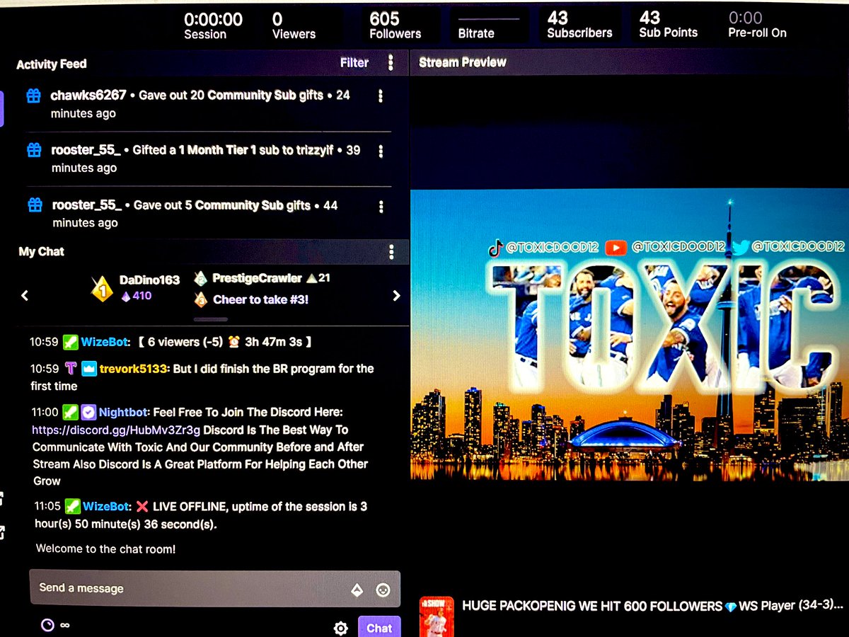 What a W stream tonight. We were celebrating hitting 600 followers the night before. Chawks6267 came through with a massive 20 gifted subs and rooster_55_  with 6 gifted subs. Can’t thank everyone enough, we are only going up from here, I appreciate everyone and have a goodnight.